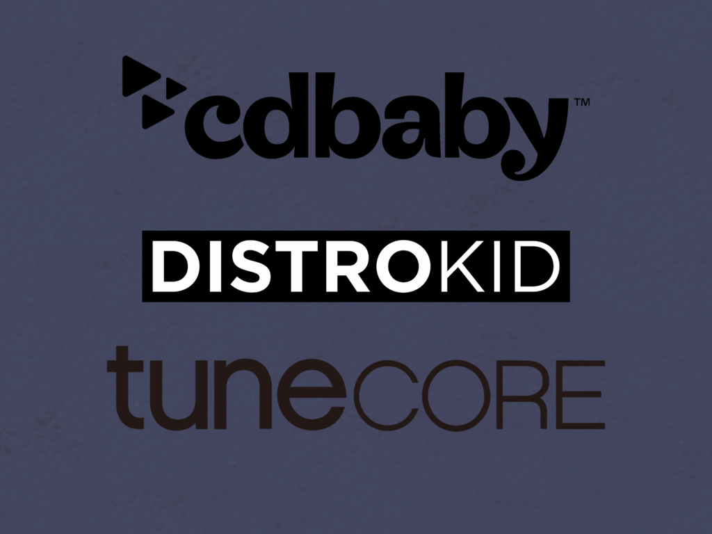 Logos of CDbaby, Distrokid, and Tunecore